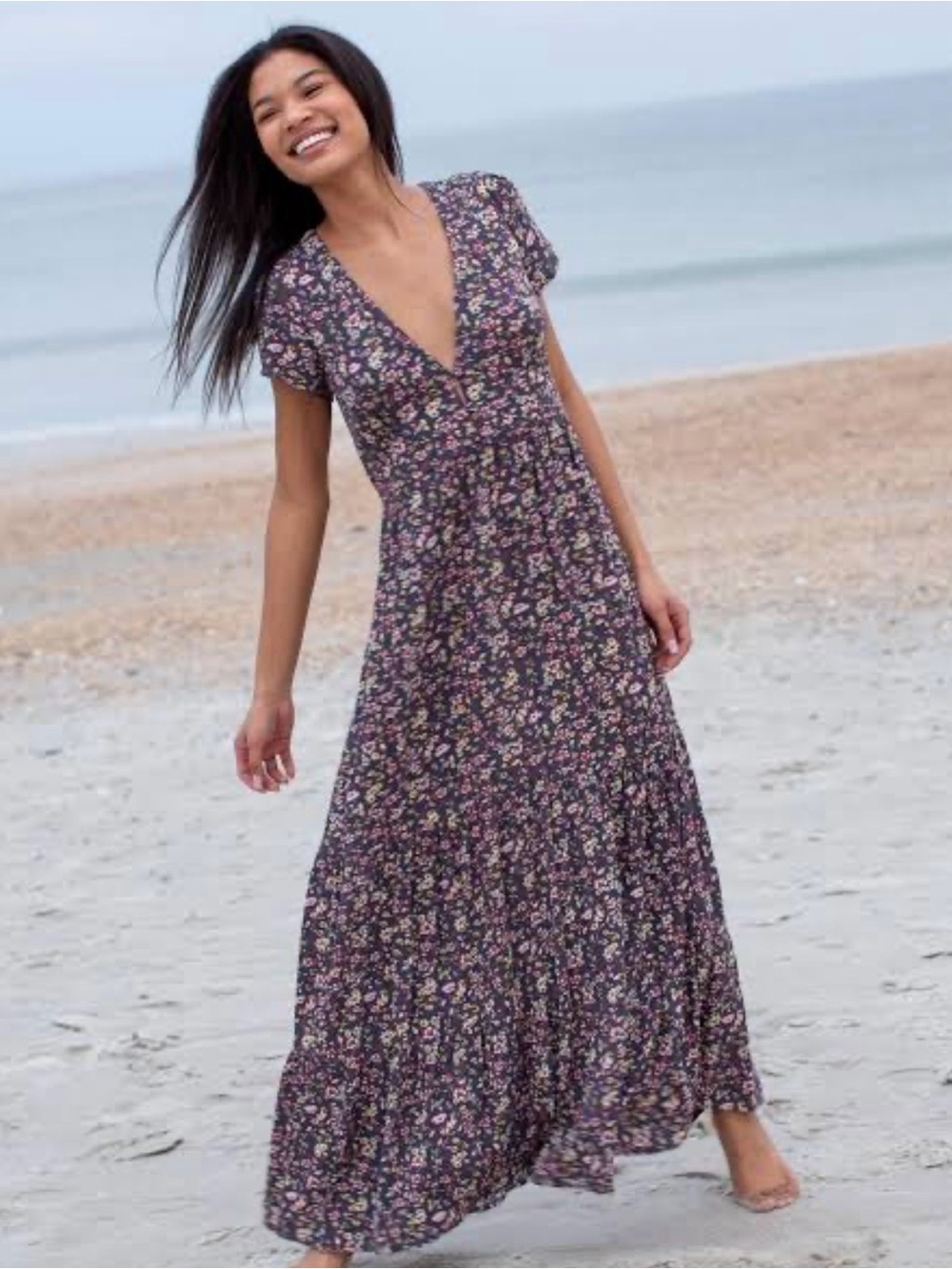 Natural Life | Evangeline Dark Floral Maxi Dress Deep V Boho